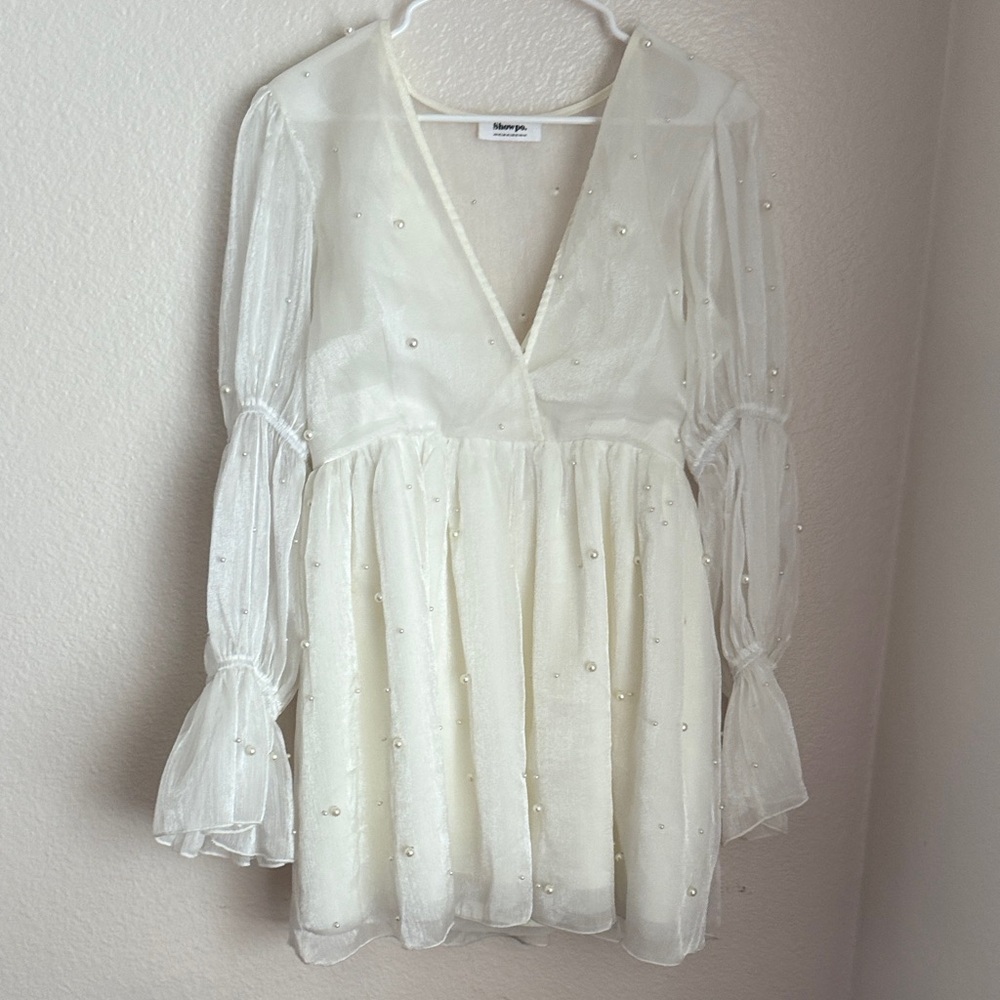 Showpo bachelorette party bridal White Sheer solanna mini Dress Pearl Accents - Picture 3 of 11
